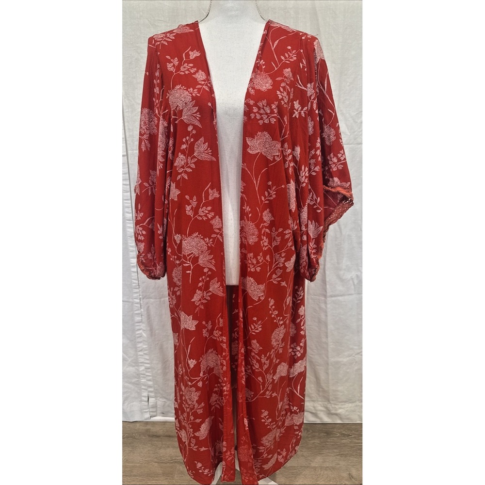 Open Front Kimono Duster Red Floral Asian Boho Romantic Ethereal Resort Swim